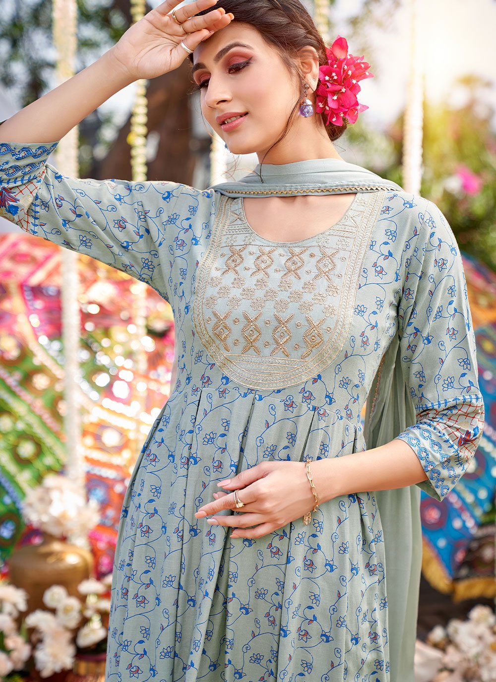 Gown Rayon Grey Print Gown