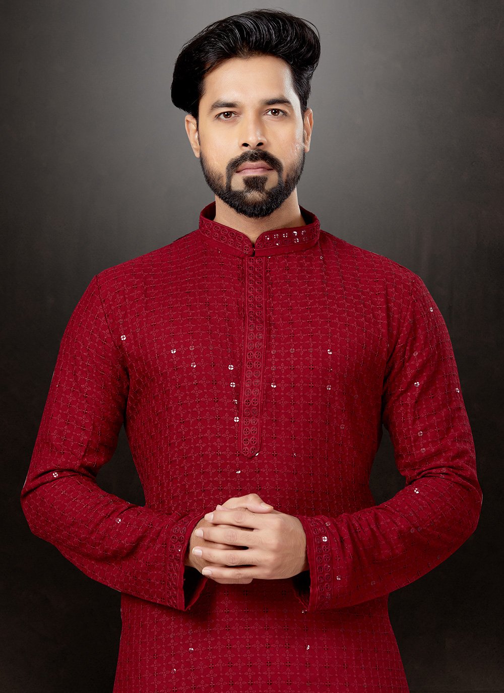 Dhoti Kurta Rayon Red Lucknowi Work Mens