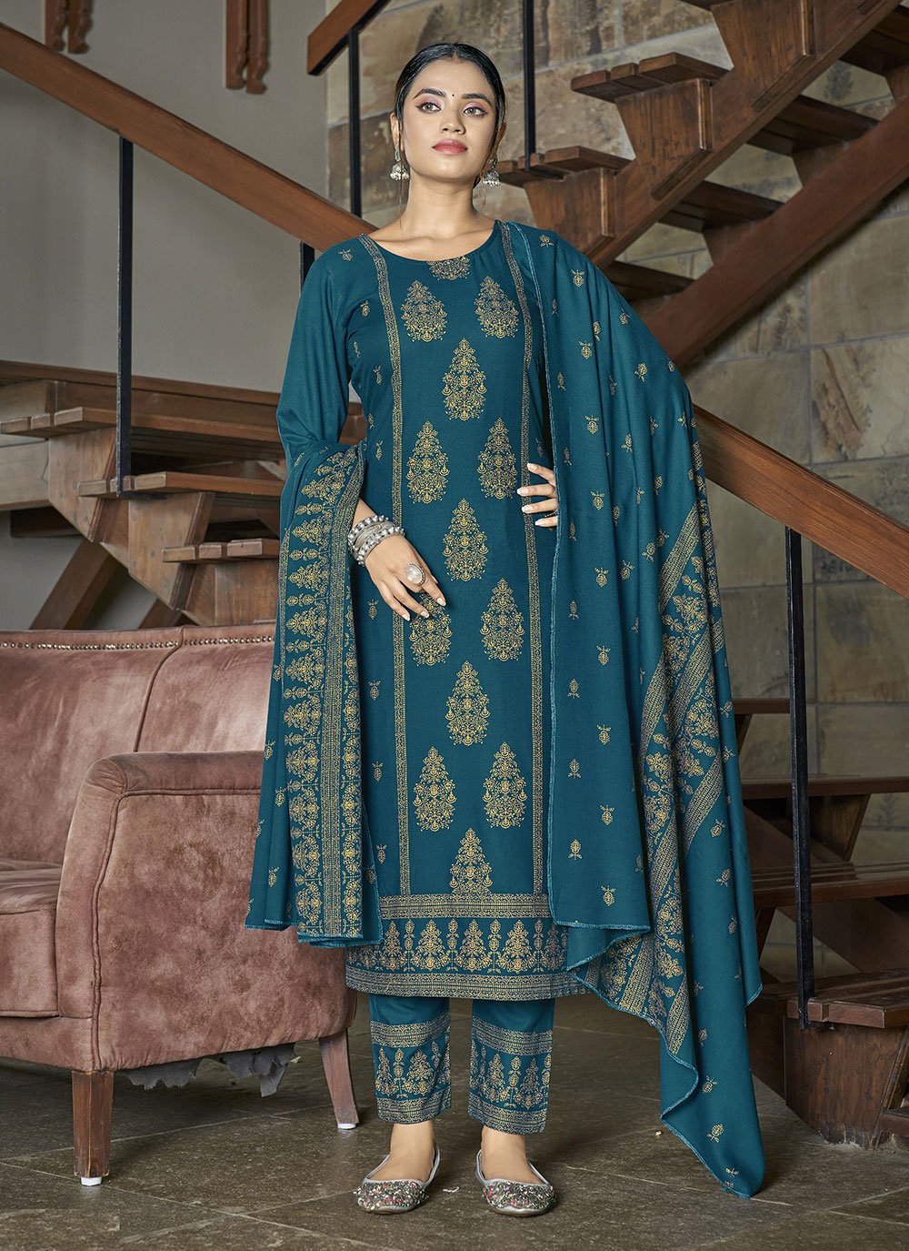 Salwar Suit Rayon Teal Foil Print Salwar Kameez