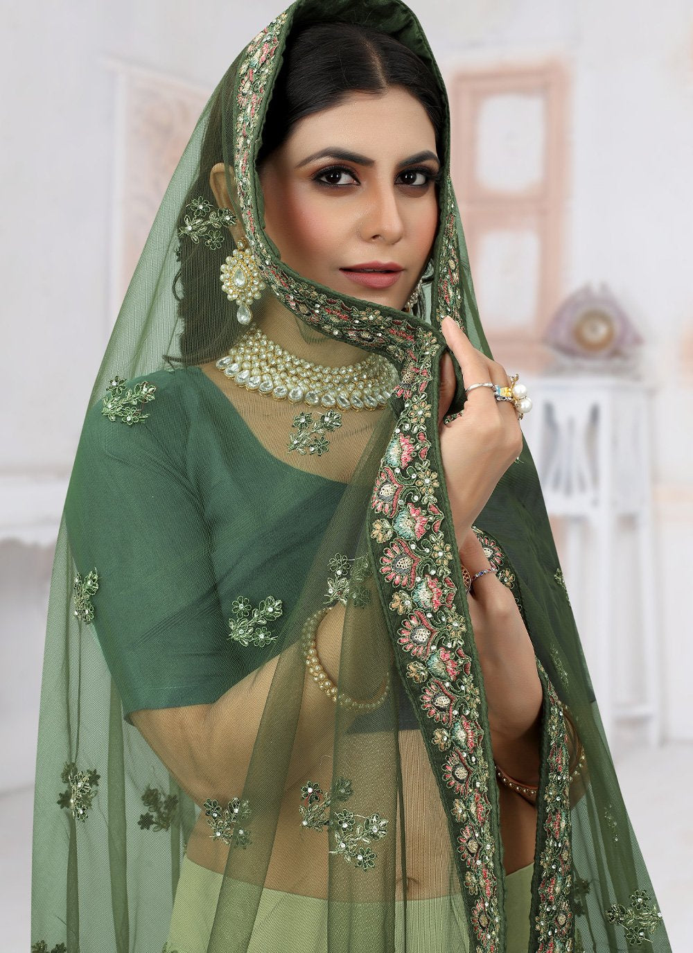 Readymade Lehenga Choli Net Green Embroidered Lehenga Choli