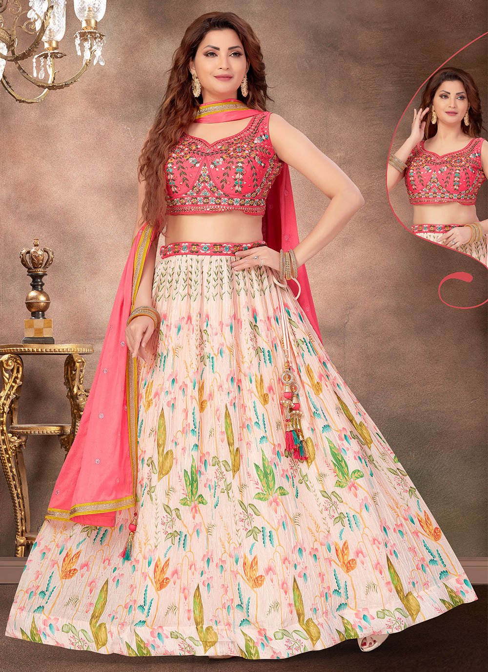 Readymade Lehenga Choli Silk Peach Embroidered Lehenga Choli