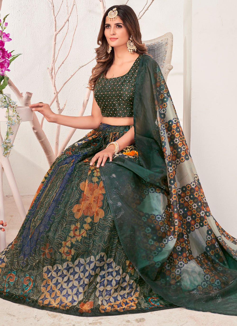Readymade Lehenga Choli Organza Green Print Lehenga Choli