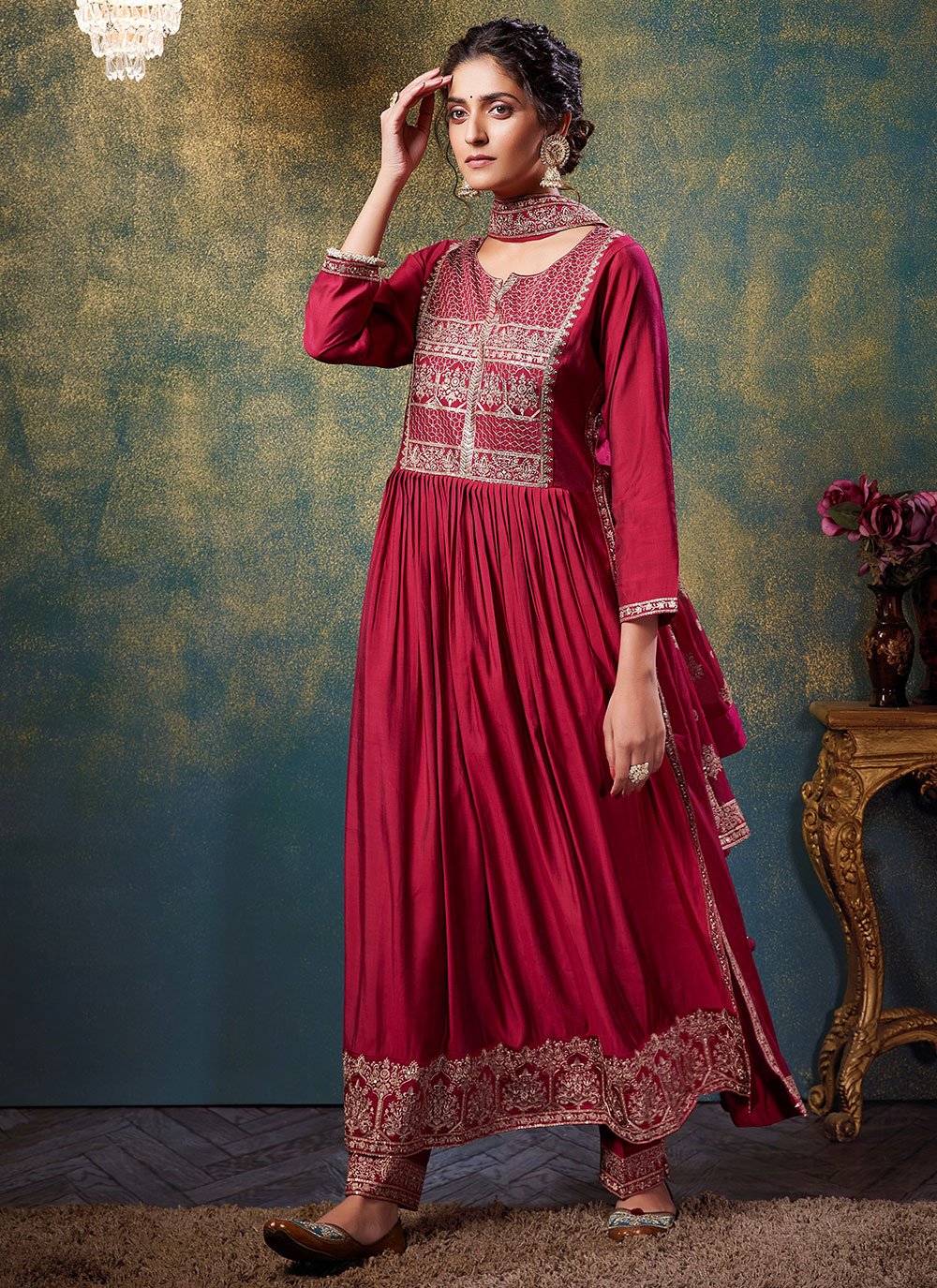 Salwar Suit Silk Red Embroidered Salwar Kameez