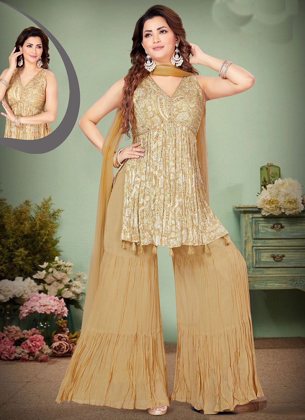 Readymade Style Georgette Beige Print Salwar Kameez