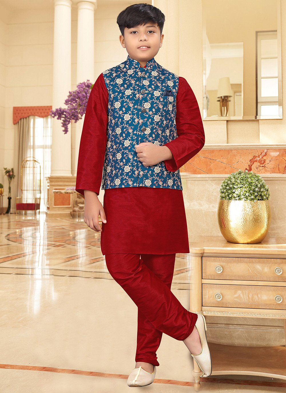 Kurta Payjama With Jacket Jute Silk Red Teal Digital Print Kids