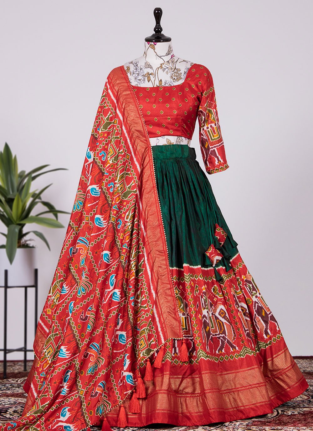 Lehenga Choli Pure Dola Silk Red Teal Foil Print Lehenga Choli