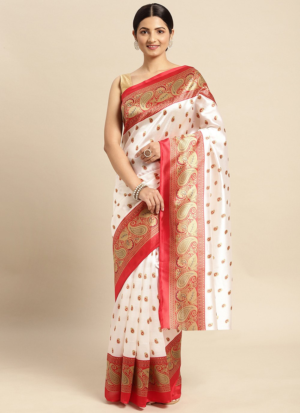 Casual Art Silk Red White Print Saree