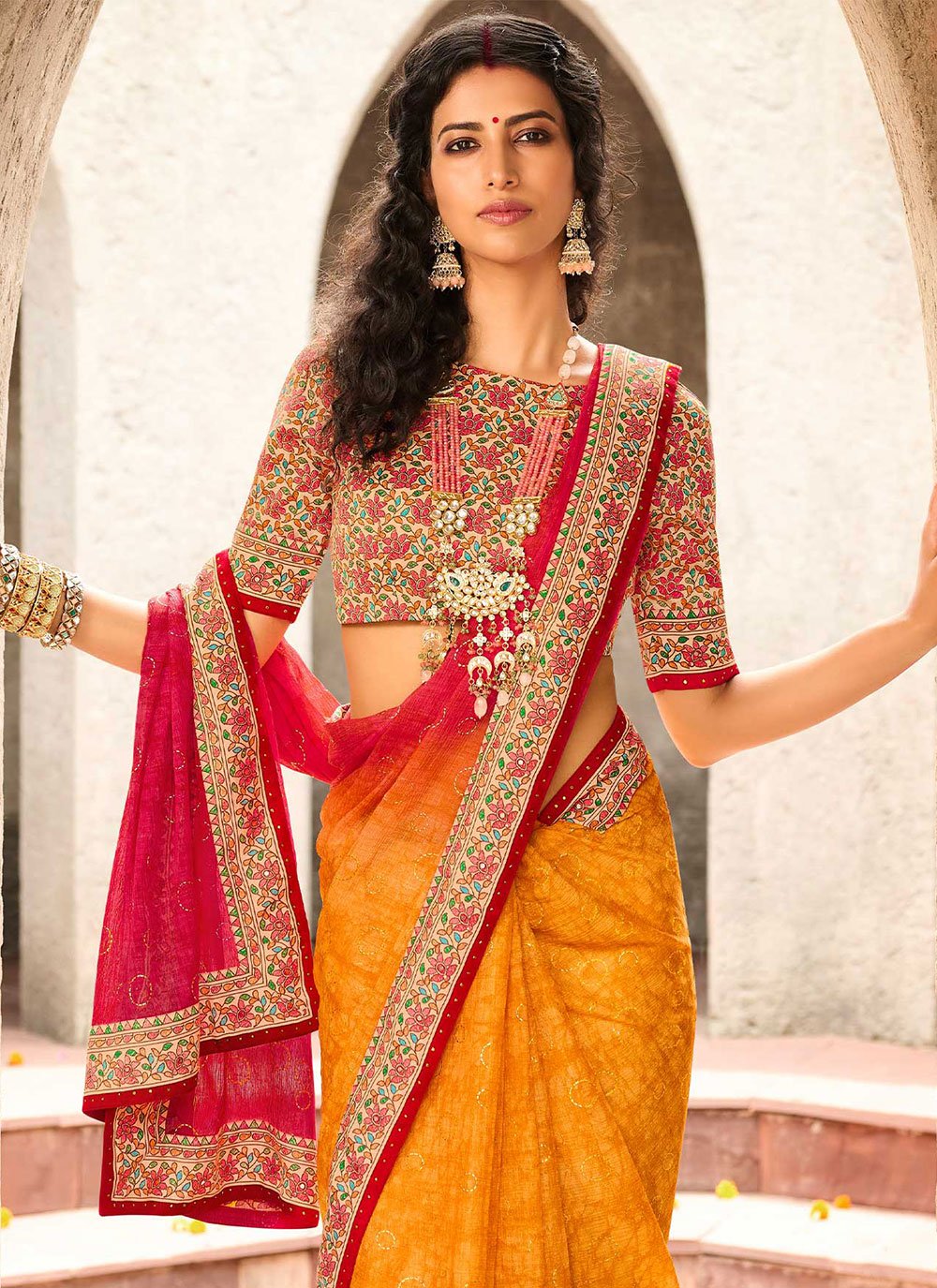 Classic Faux Chiffon Red Yellow Print Saree