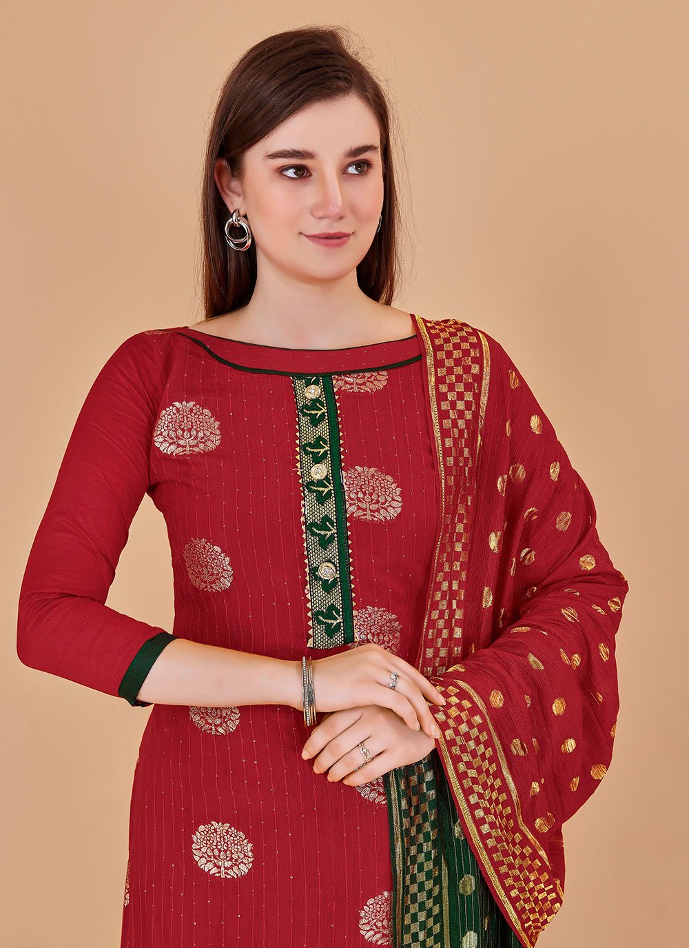 Salwar Suit Banarasi Silk Red Booti Salwar Kameez