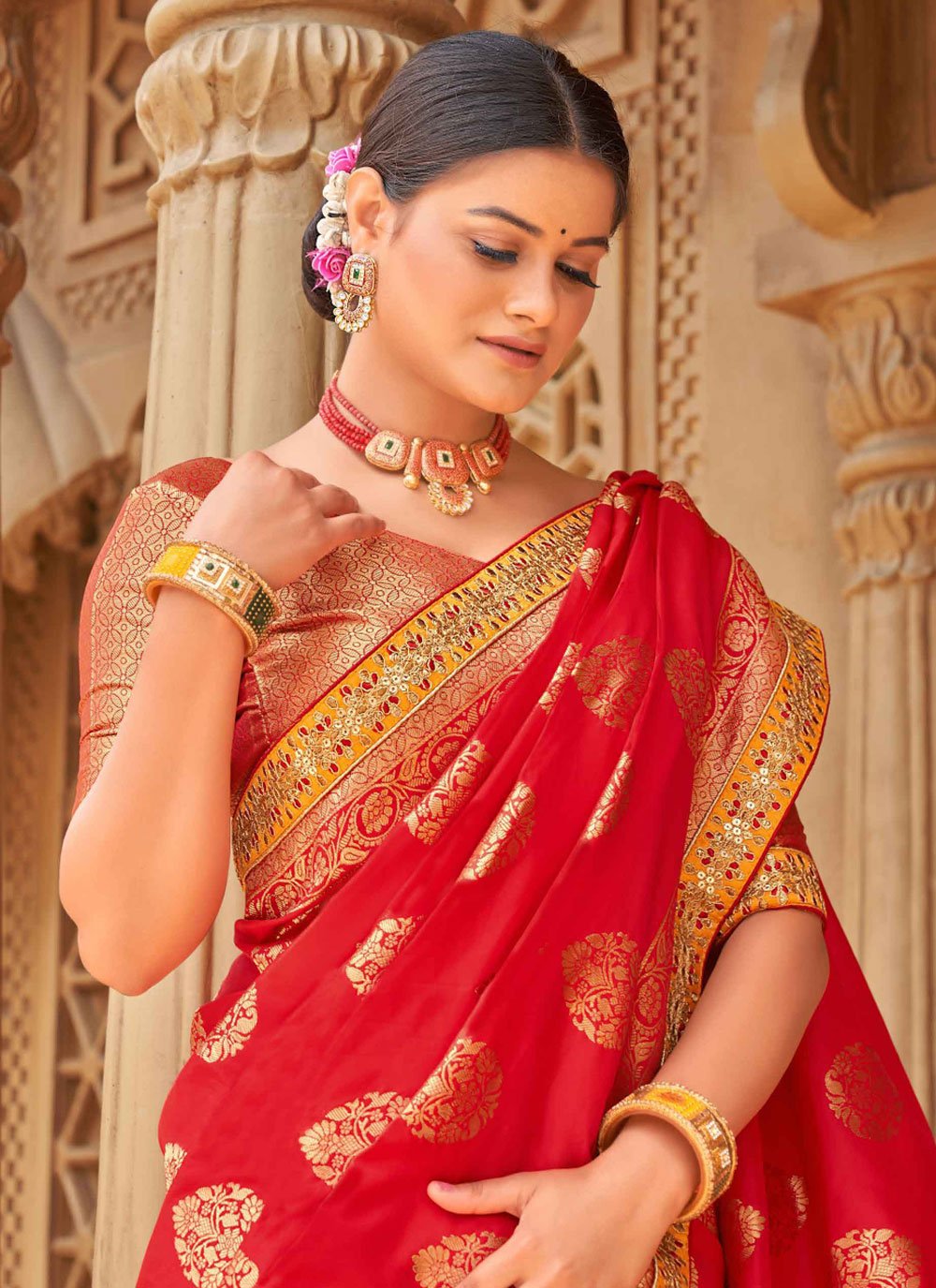 Contemporary Banarasi Silk Red Weaving Saree