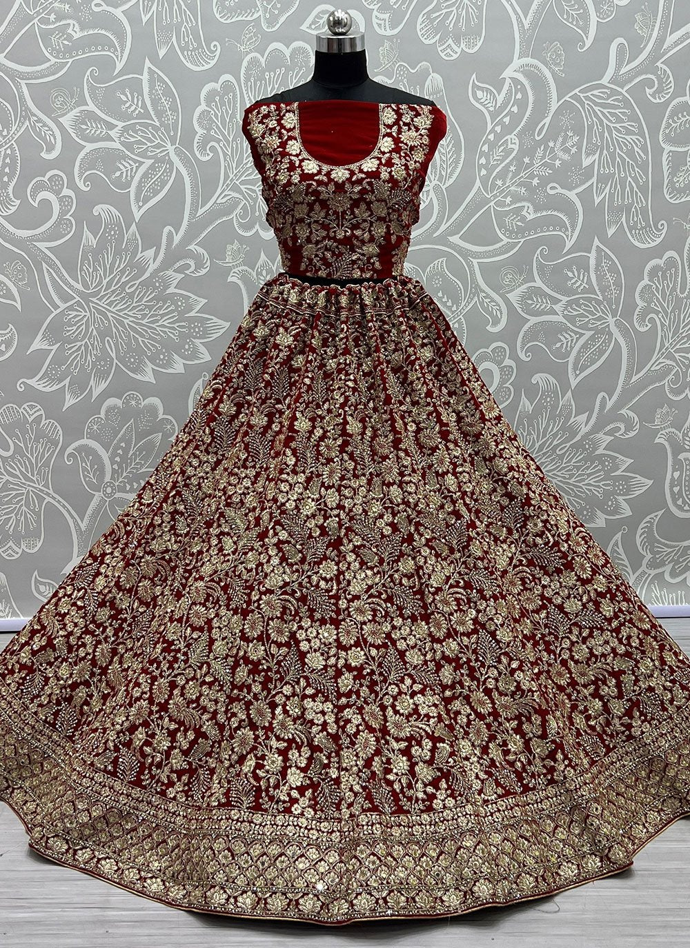 A Line Lehenga Velvet Red Dori Work Lehenga Choli