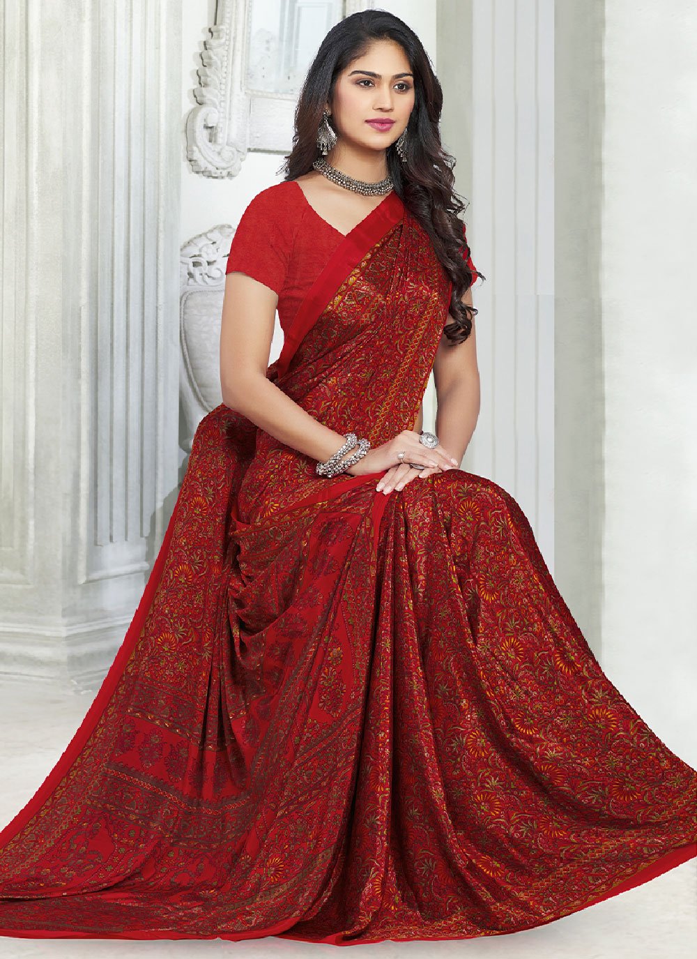 Classic Faux Crepe Red Print Saree