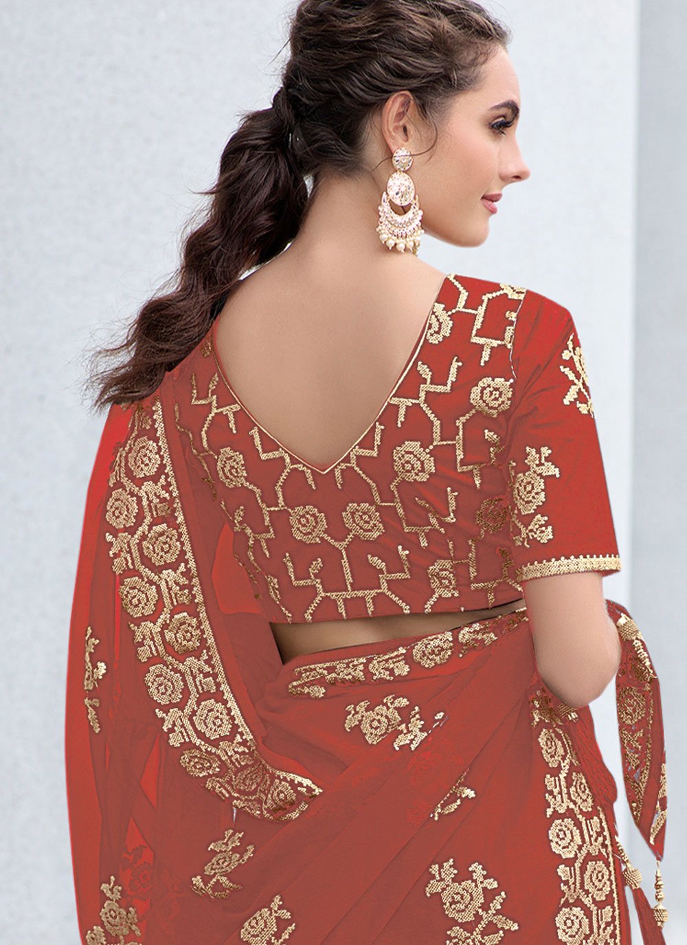 Classic Shimmer Georgette Red Sequins Saree