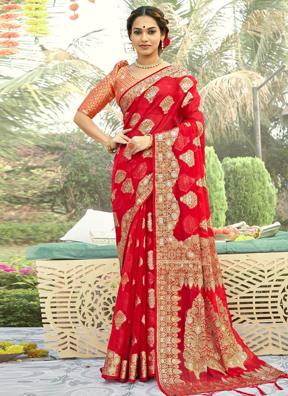 Traditional Saree Organza Red Embroidered Saree