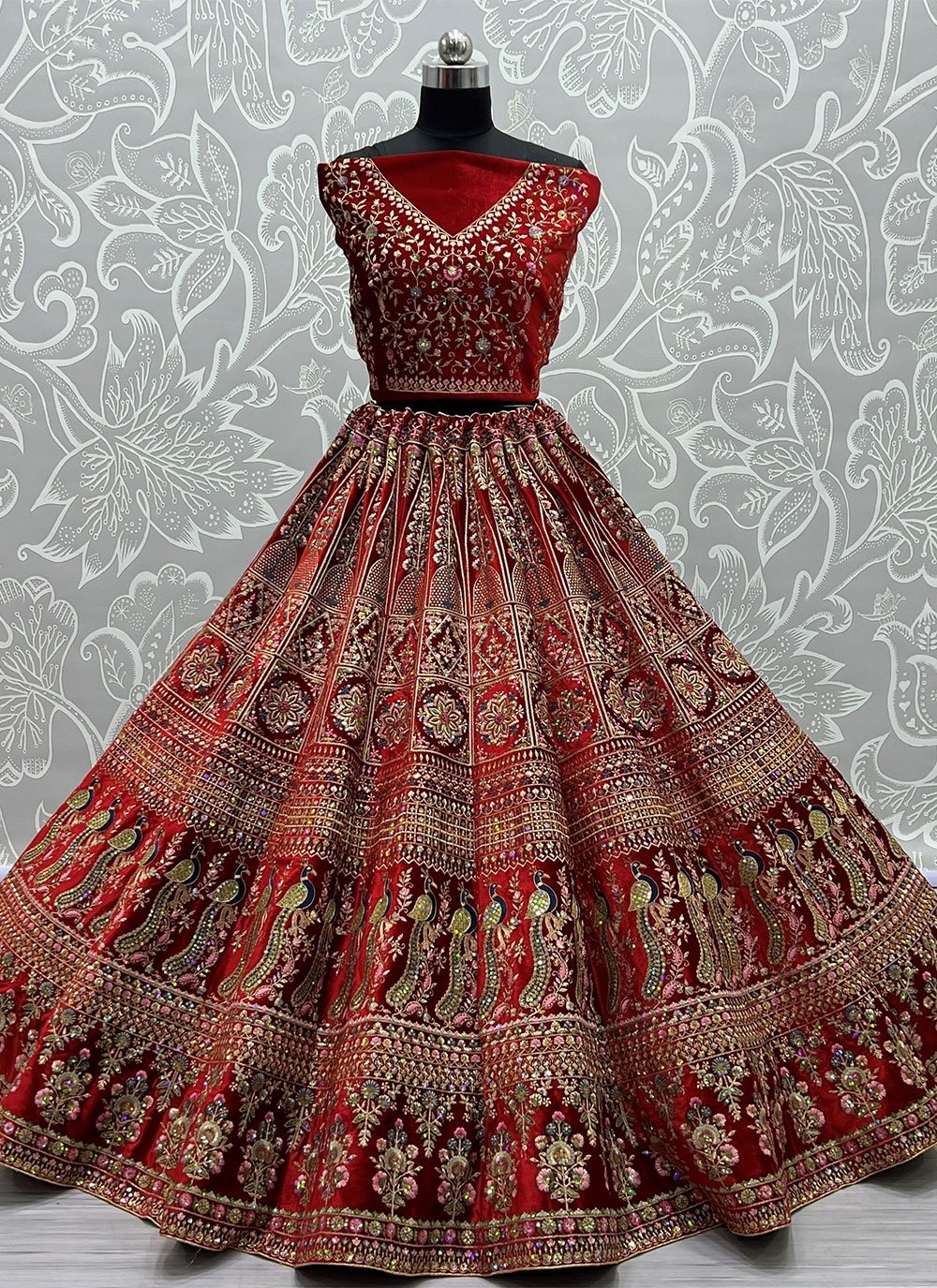 Lehenga Choli Velvet Red Embroidered Lehenga Choli