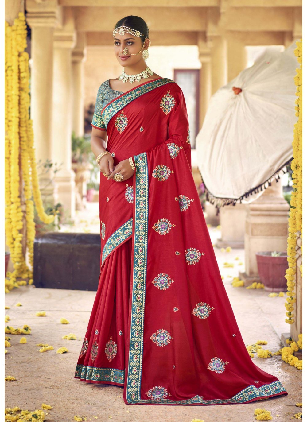 Trendy Saree Silk Red Embroidered Saree