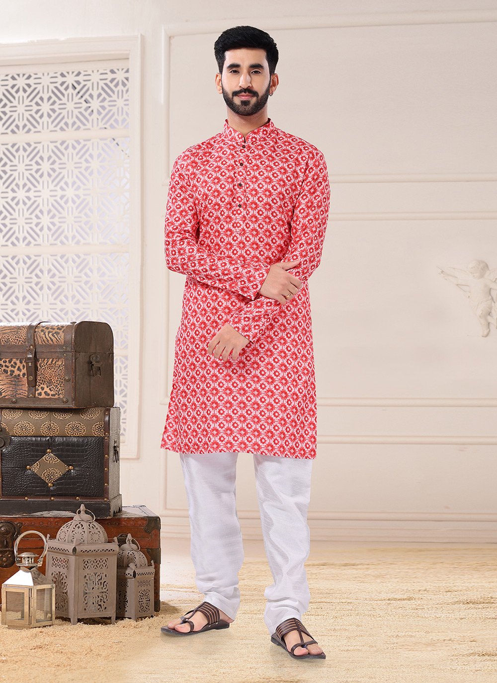 Kurta Pyjama Cotton Red Fancy Work Mens