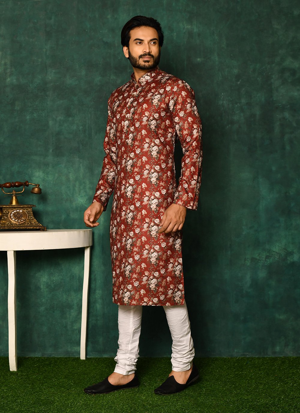 Kurta Pyjama Cotton Red Print Mens