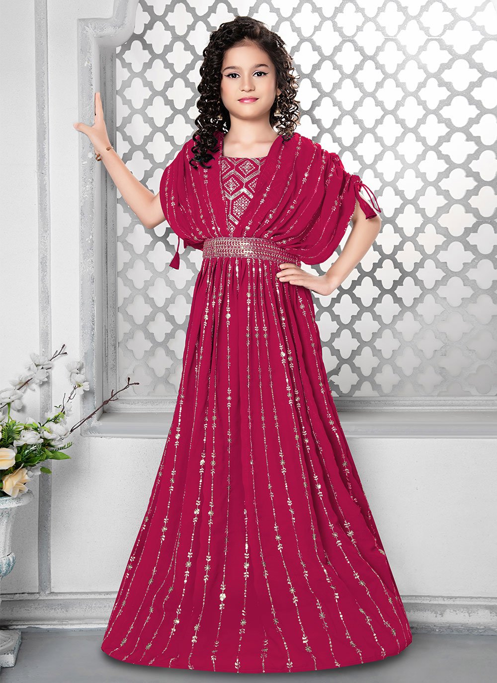 Gown Faux Georgette Red Embroidered Kids