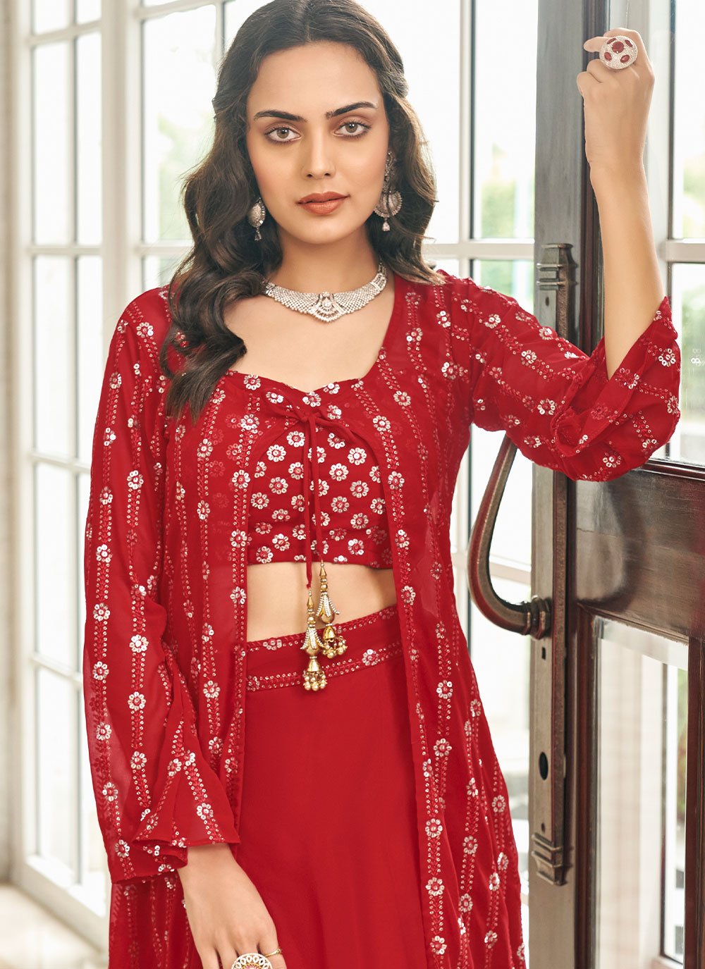 Readymade Lehenga Choli Georgette Red Embroidered Lehenga Choli
