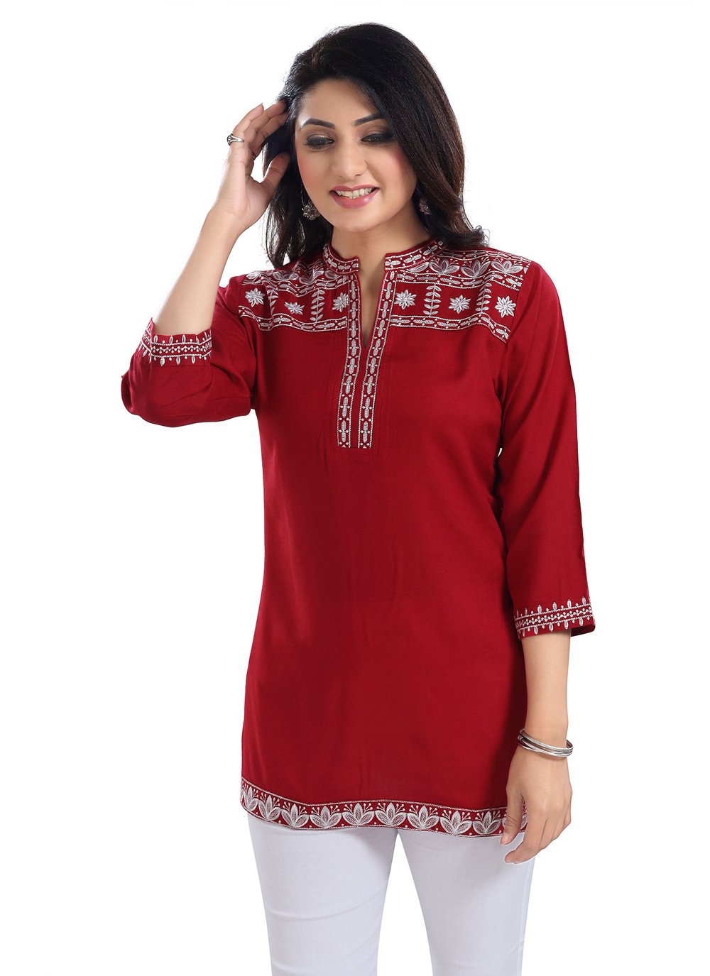 Designer Kurti Viscose Red Embroidered Kurtis