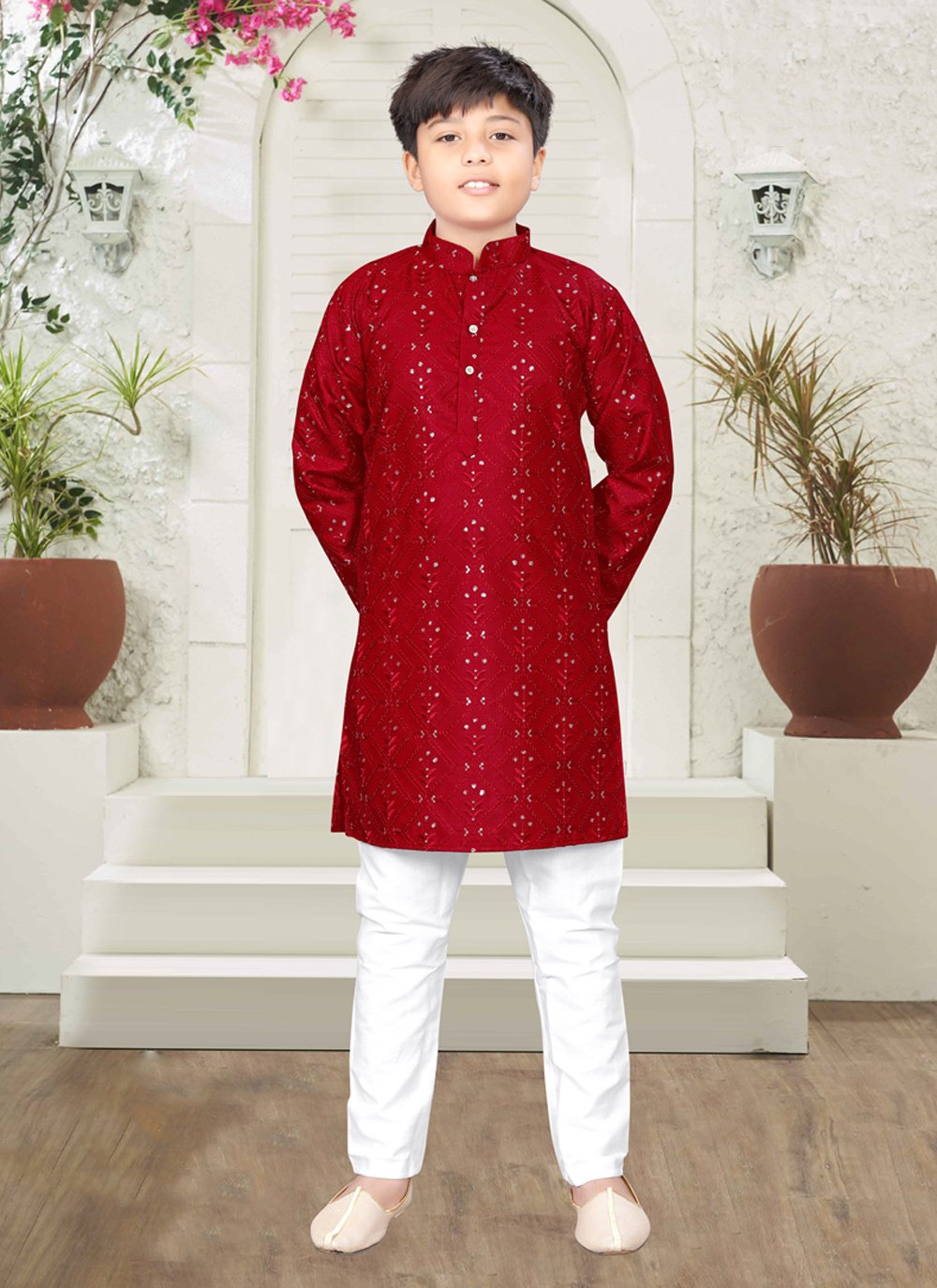 Kurta Pyjama Cotton Red Embroidered Kids