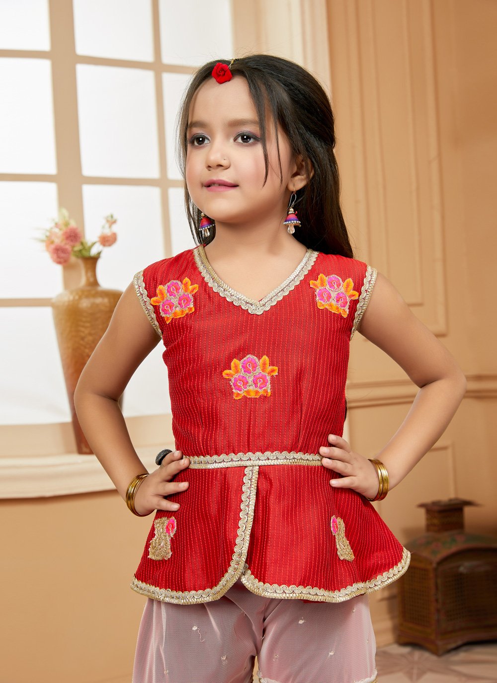 Sharara Set Art Silk Red Embroidered Kids