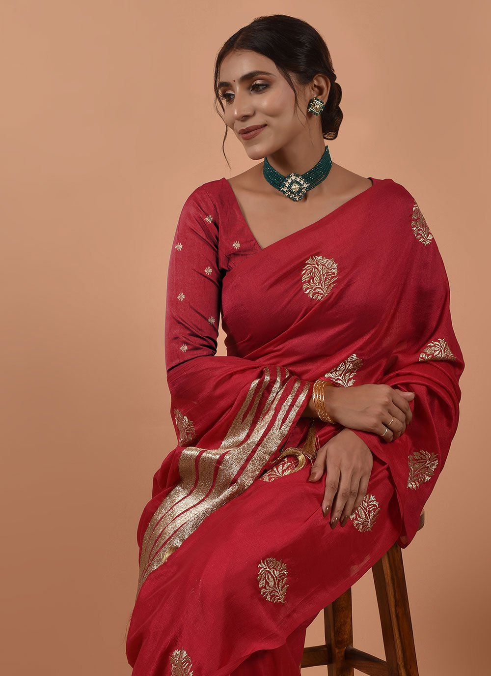 Classic Poly Silk Red Embroidered Saree