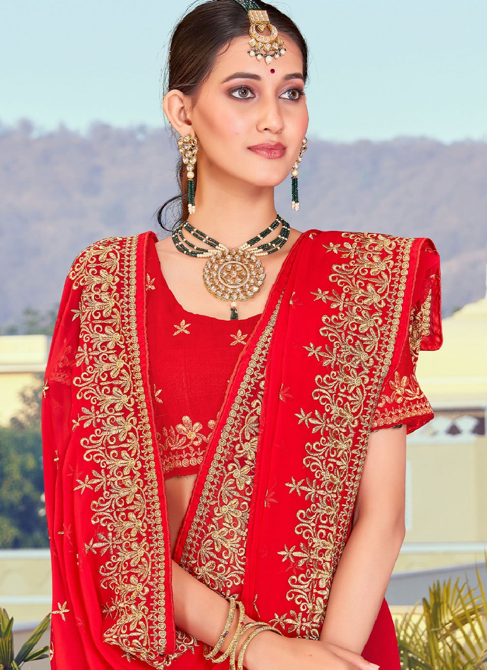 Classic Georgette Red Embroidered Saree