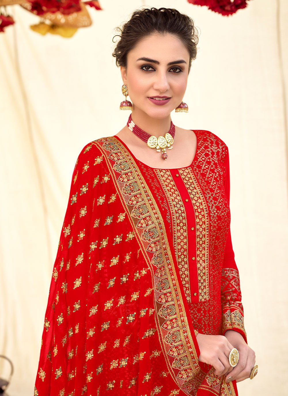 Pakistani Salwar Suit Georgette Red Embroidered Salwar Kameez