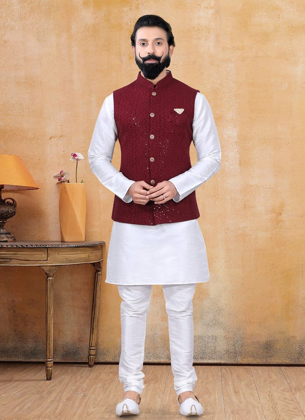 Nehru Jackets Lucknowi Red Fancy Work Mens