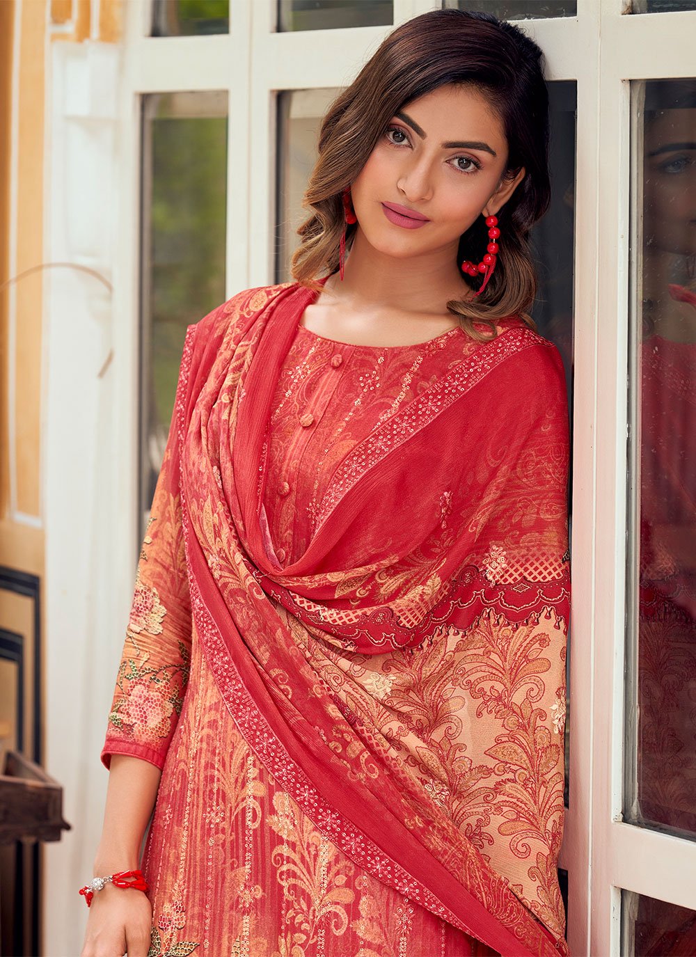 Salwar Suit Muslin Red Embroidered Salwar Kameez