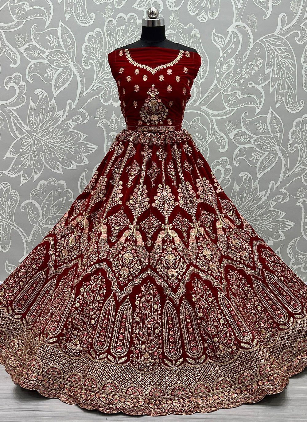 Lehenga Choli Velvet Red Dori Work Lehenga Choli