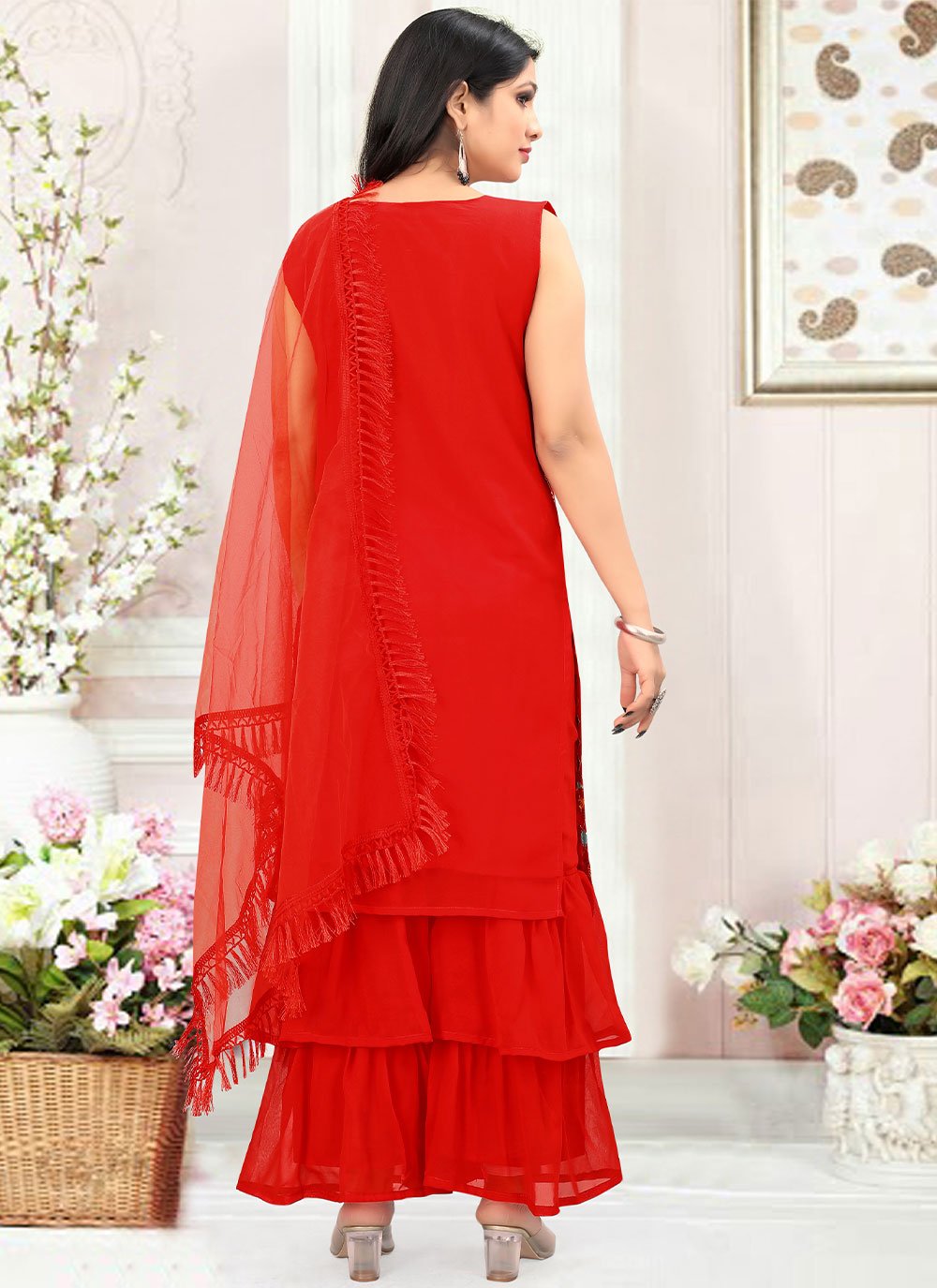 Salwar Suit Faux Georgette Red Embroidered Salwar Kameez
