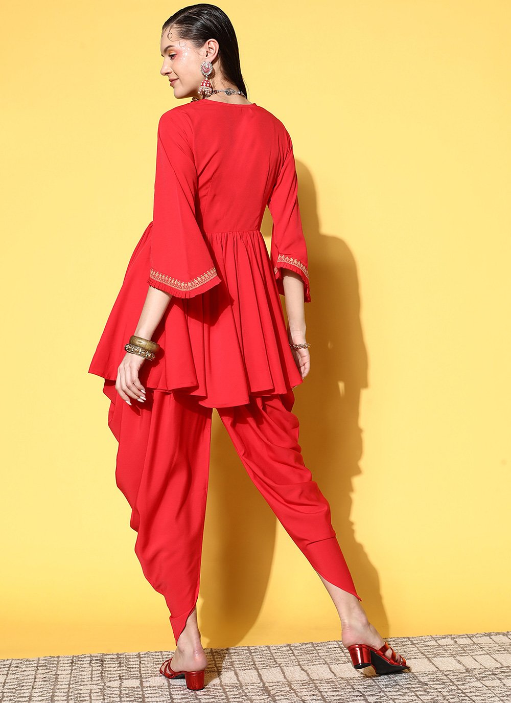 Party Wear Kurti Crepe Silk Red Lace Kurtis