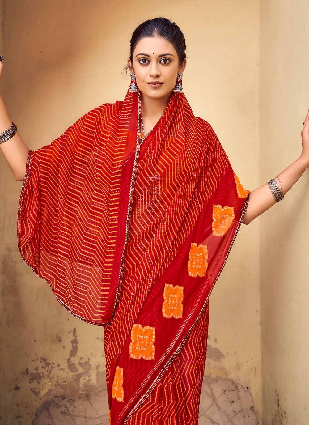 Classic Chiffon Red Foil Print Saree