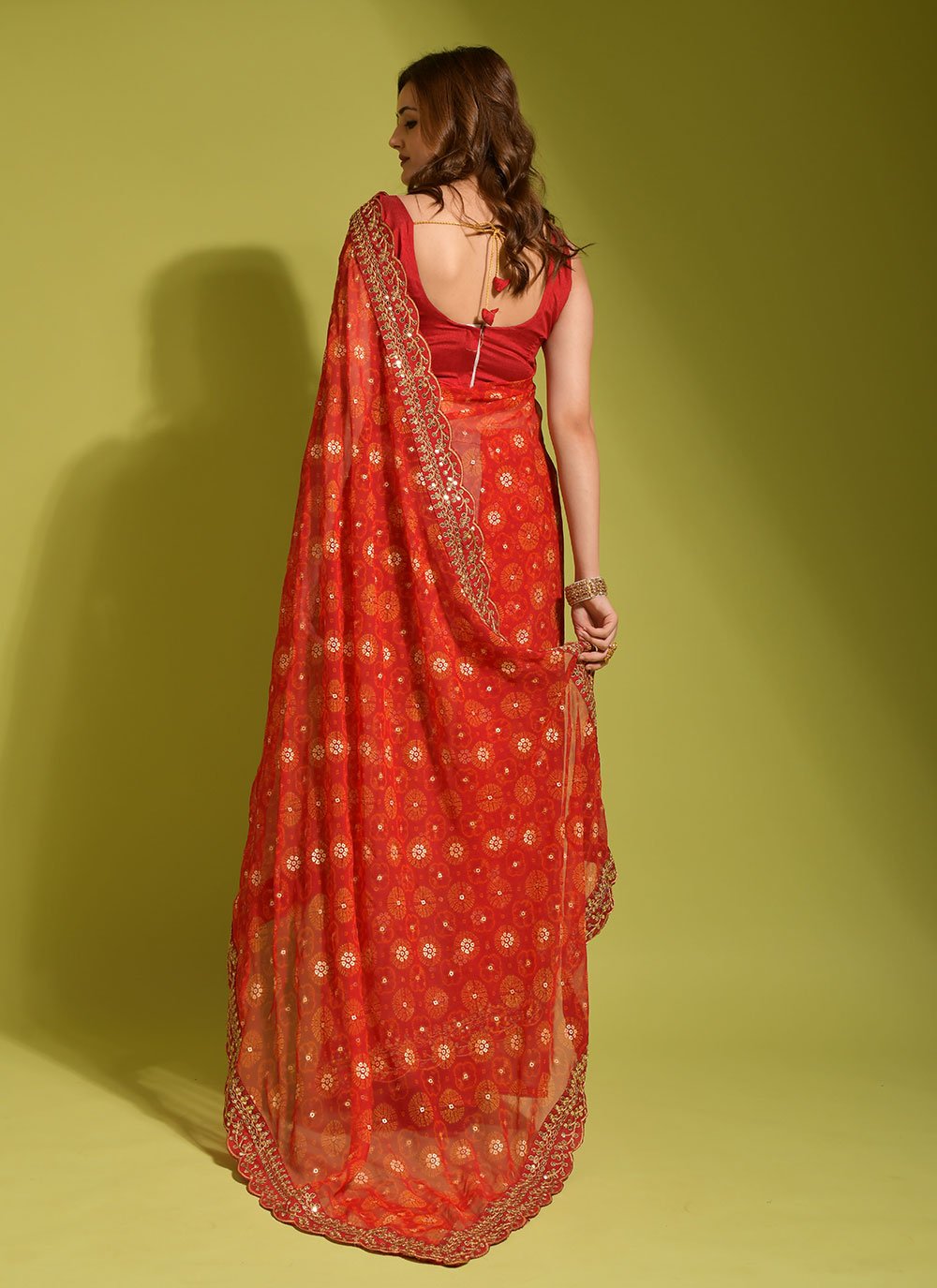 Classic Chiffon Georgette Red Embroidered Saree