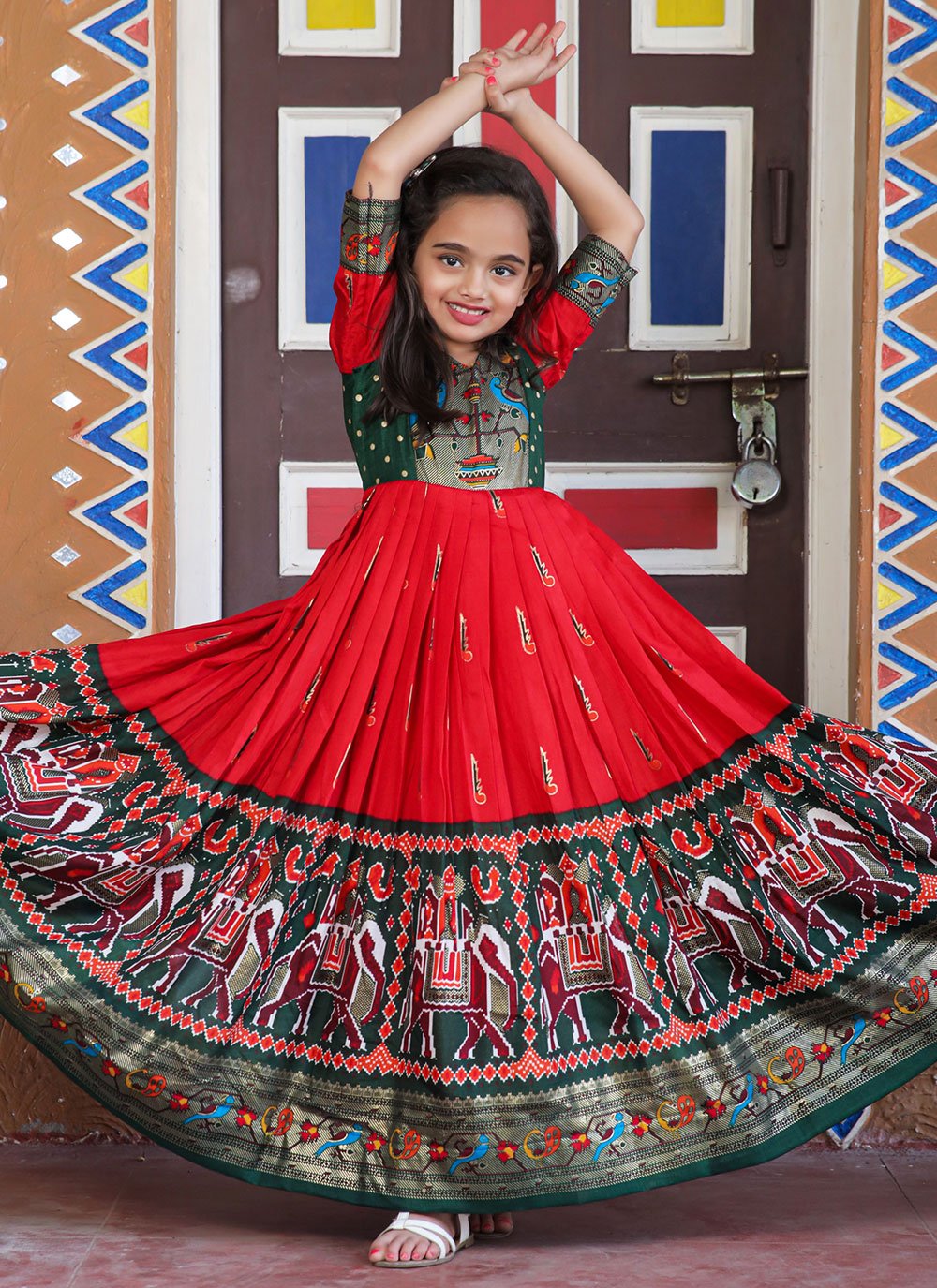 Gown Pure Dola Silk Red Foil Print Kids