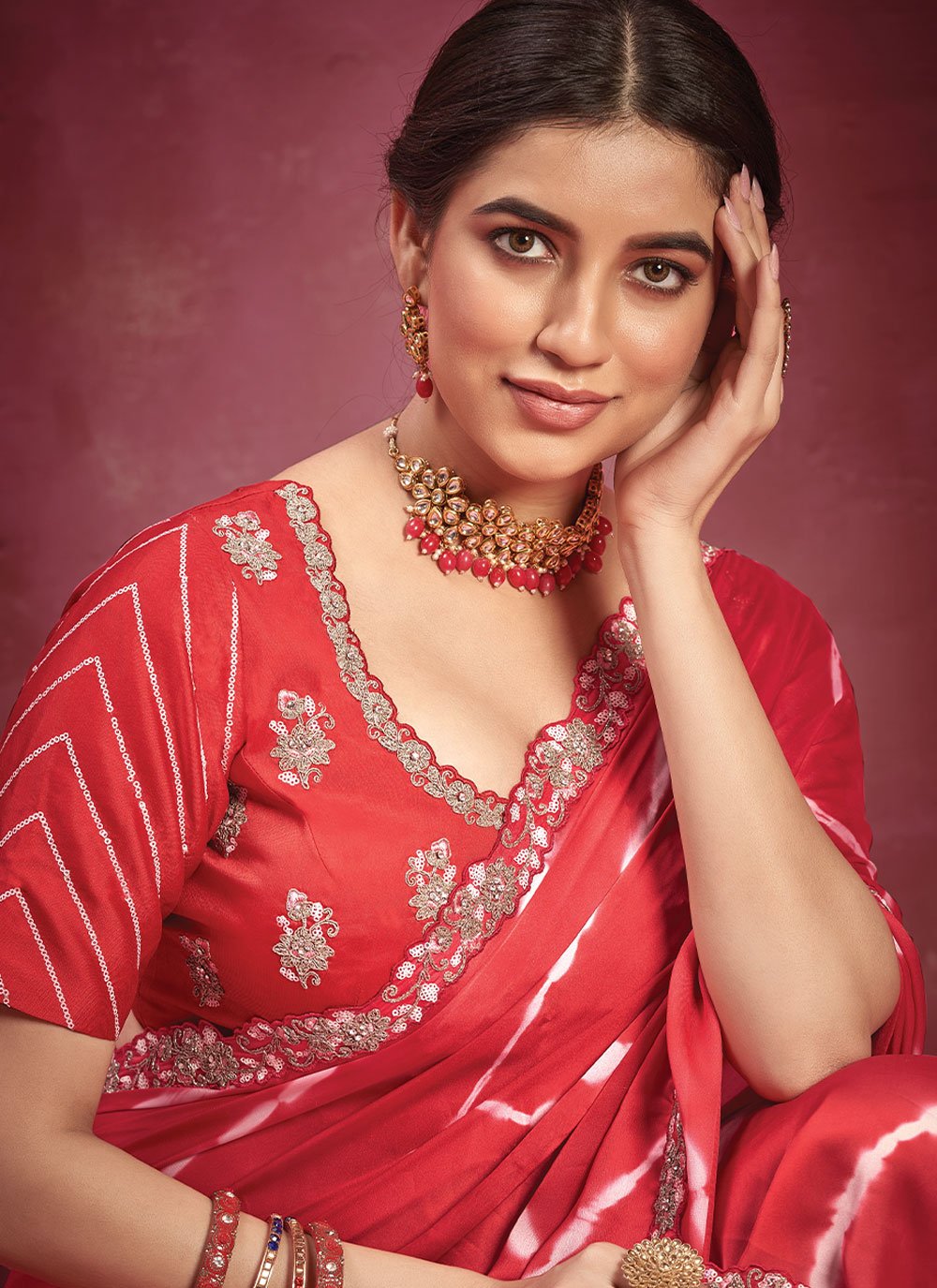 Designer Georgette Satin Silk Red Embroidered Saree