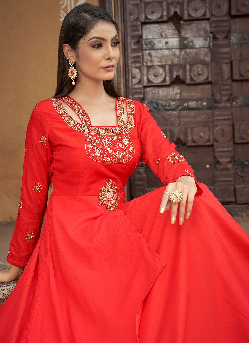 Gown Muslin Red Embroidered Gown