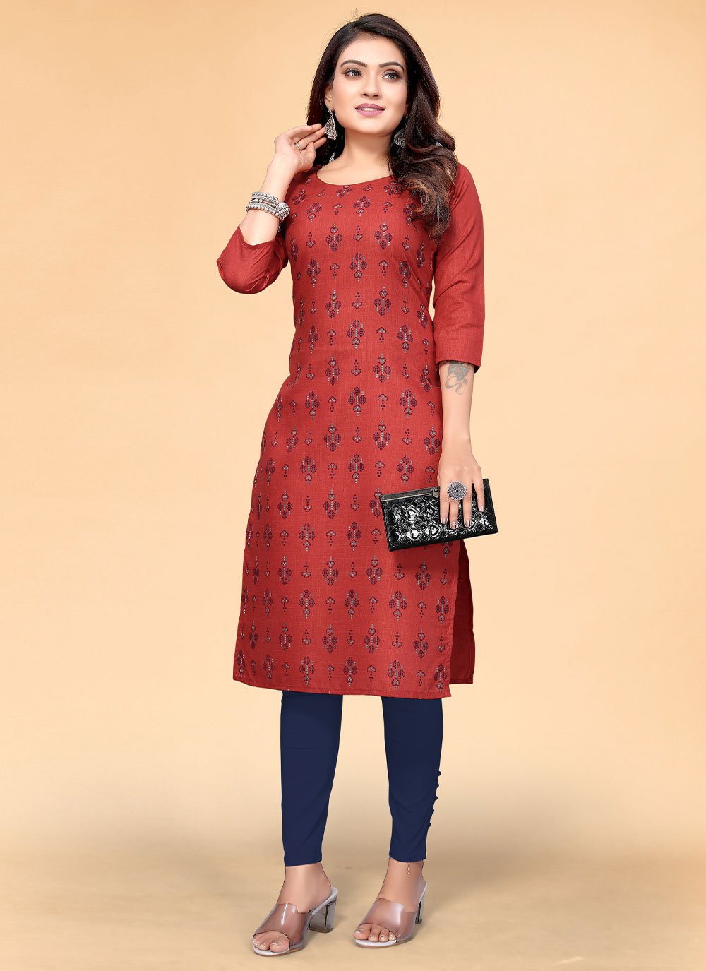 Party Wear Kurti Cotton Red Print Kurtis