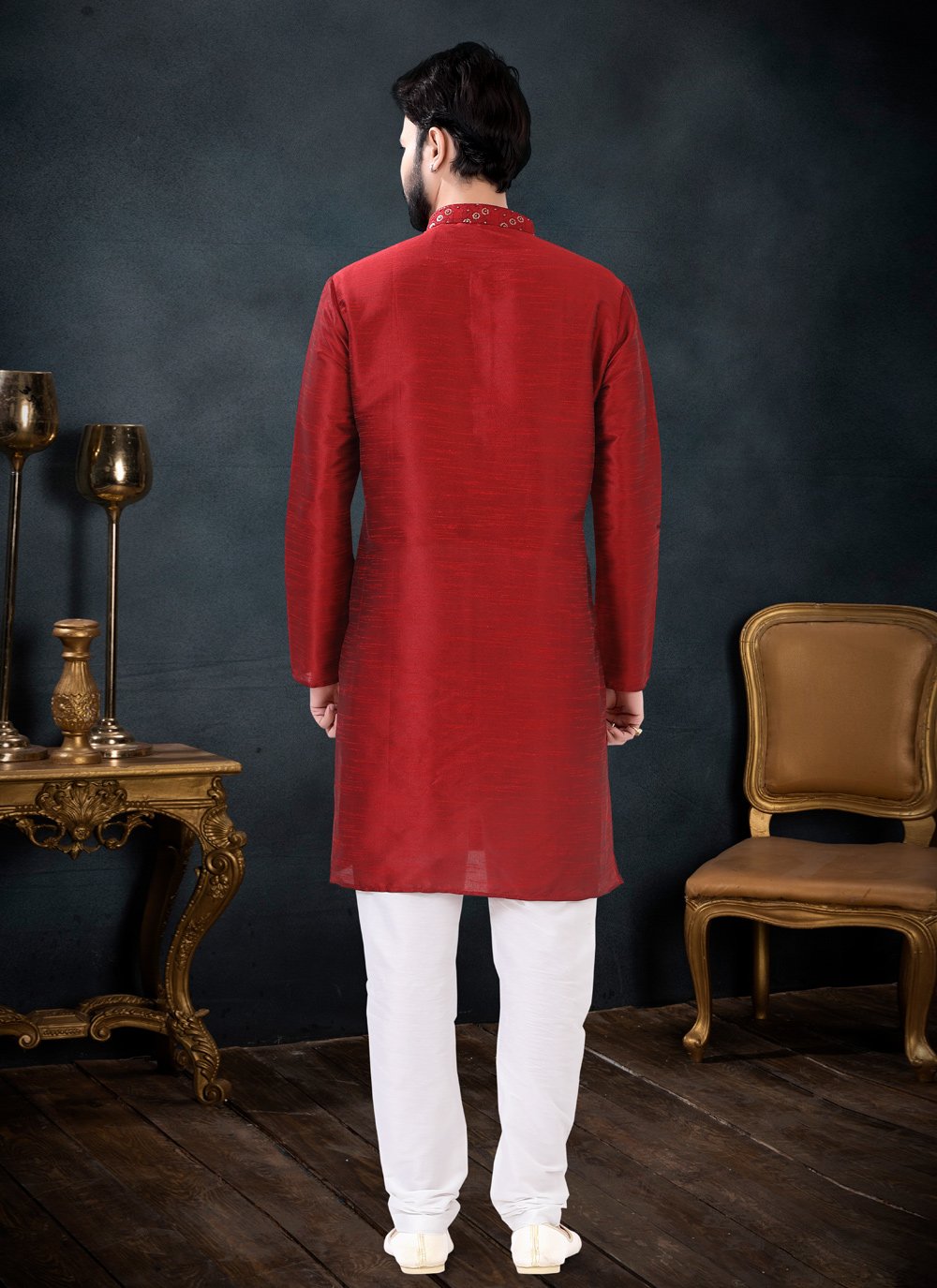 Kurta Pyjama Silk Red Patch Border Mens