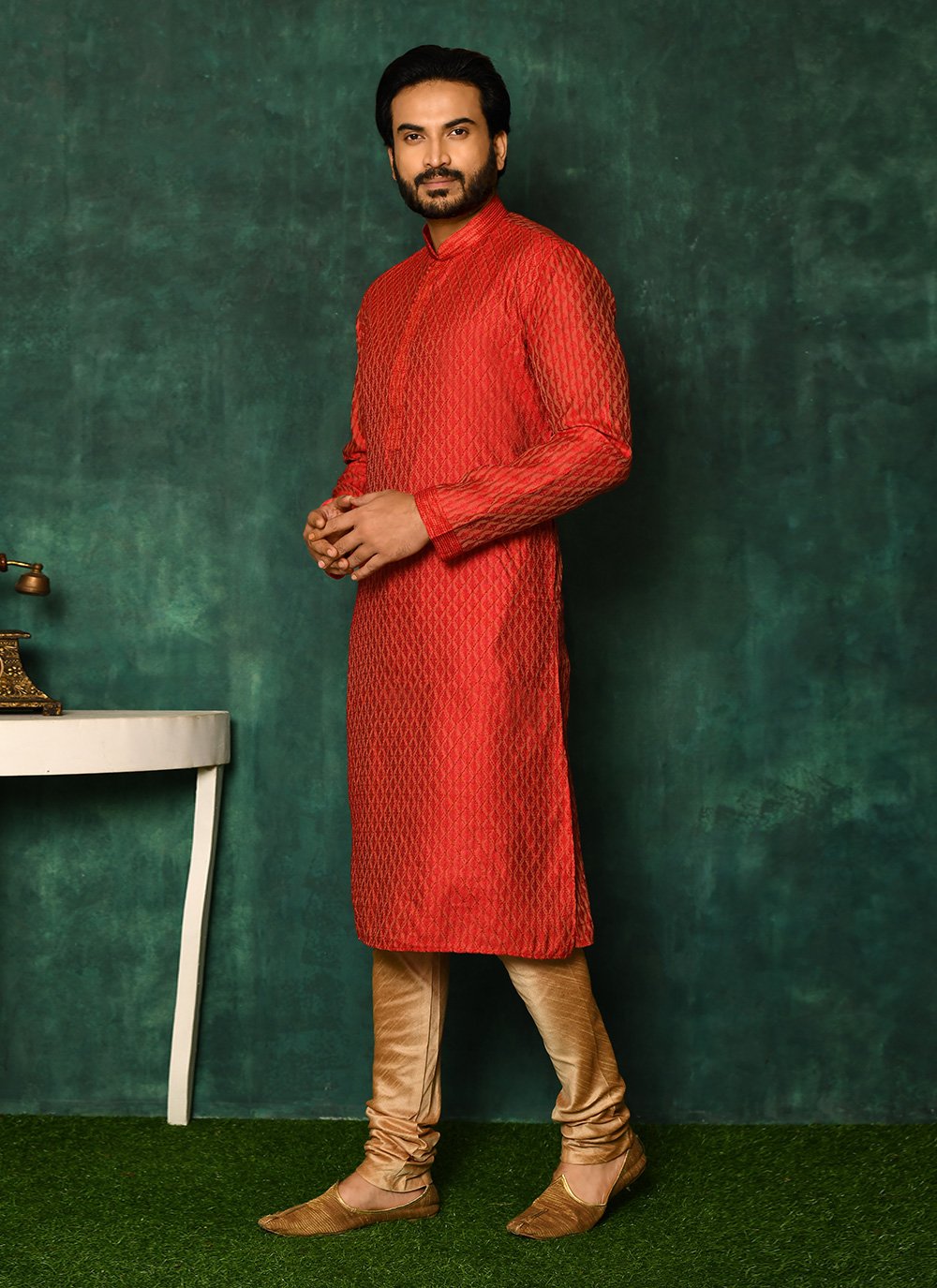 Kurta Pyjama Jacquard Red Plain Mens