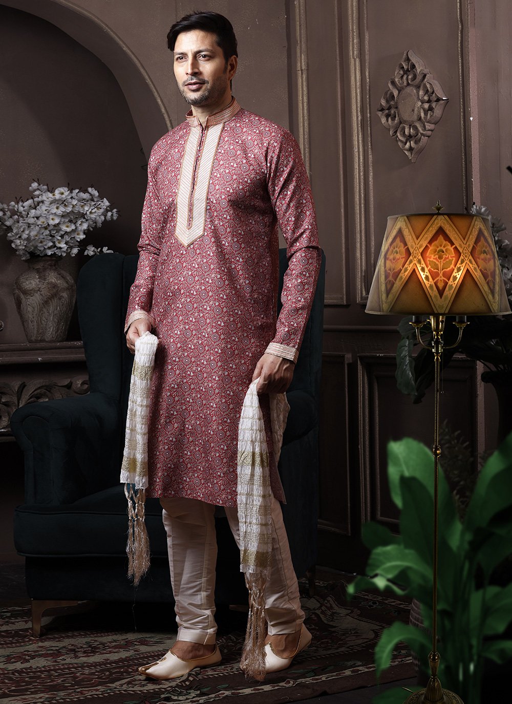 Kurta Pyjama Cotton Red Print Mens