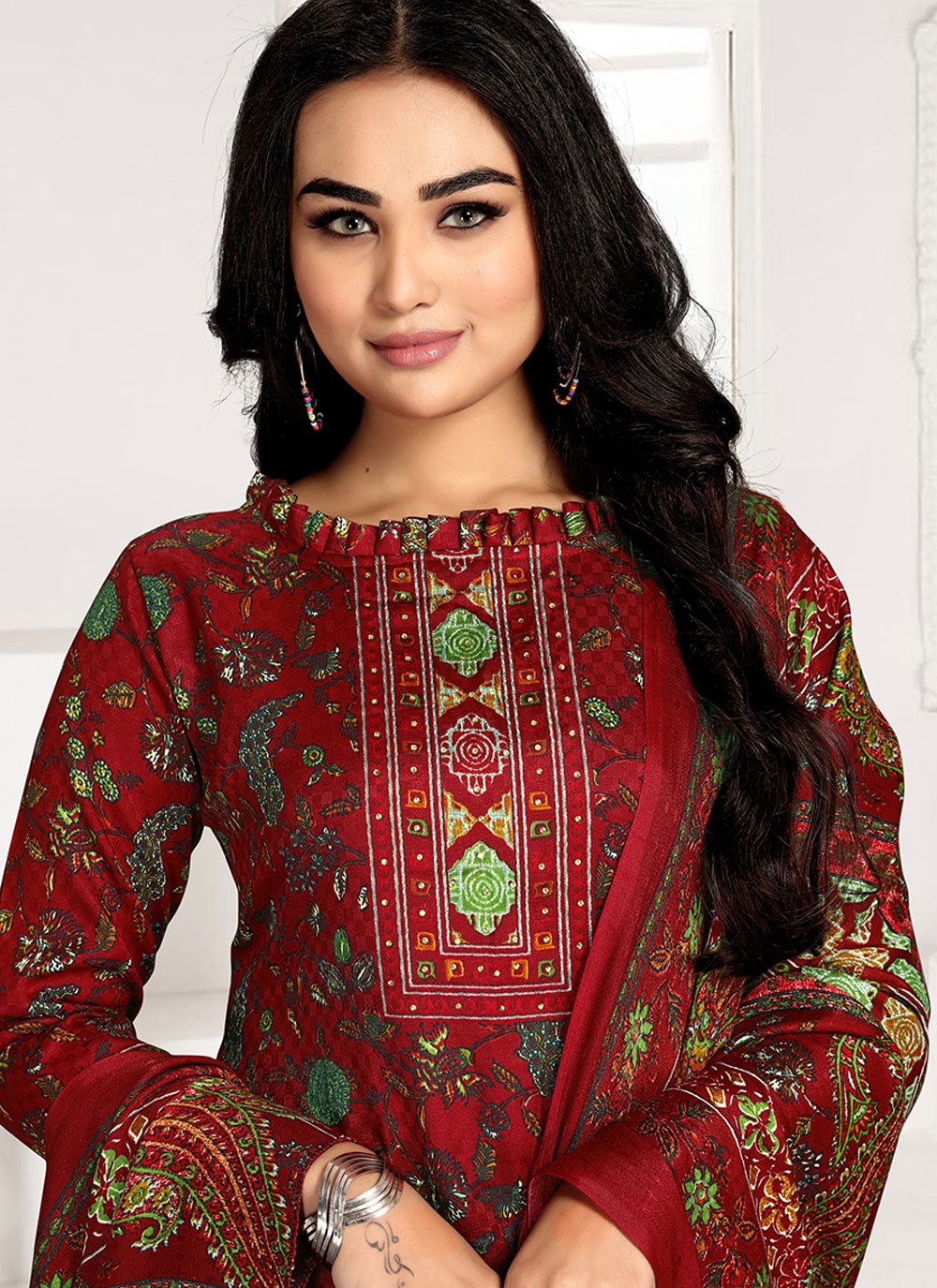 Salwar Suit Pashmina Red Print Salwar Kameez