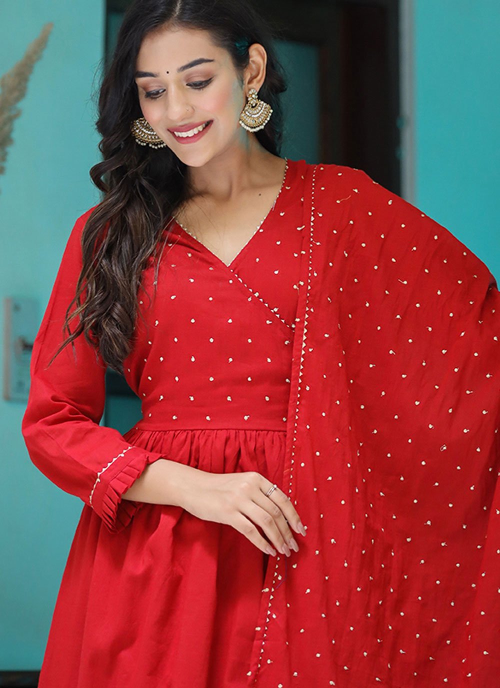 Anarkali Suit Cotton Red Embroidered Salwar Kameez