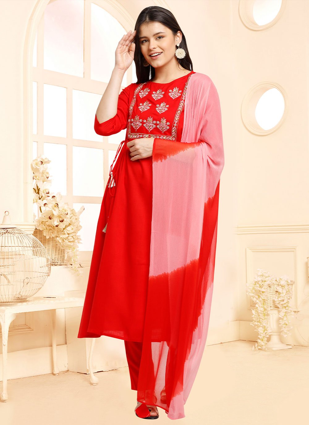 Salwar Suit Cotton Red Embroidered Salwar Kameez