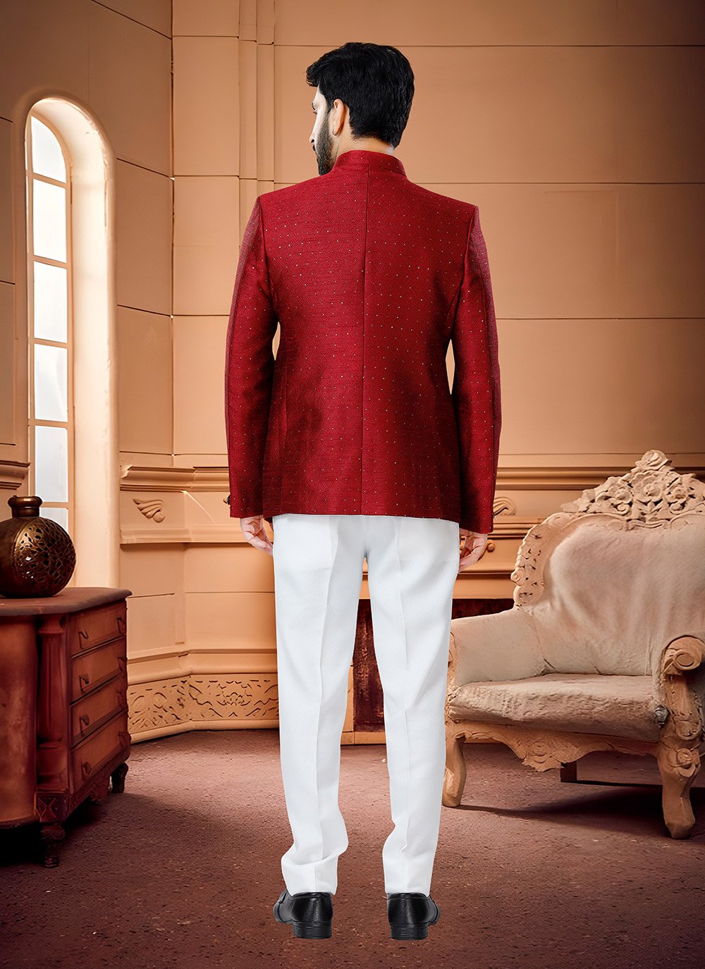 Jodhpuri Suit Jacquard Red Woven Mens