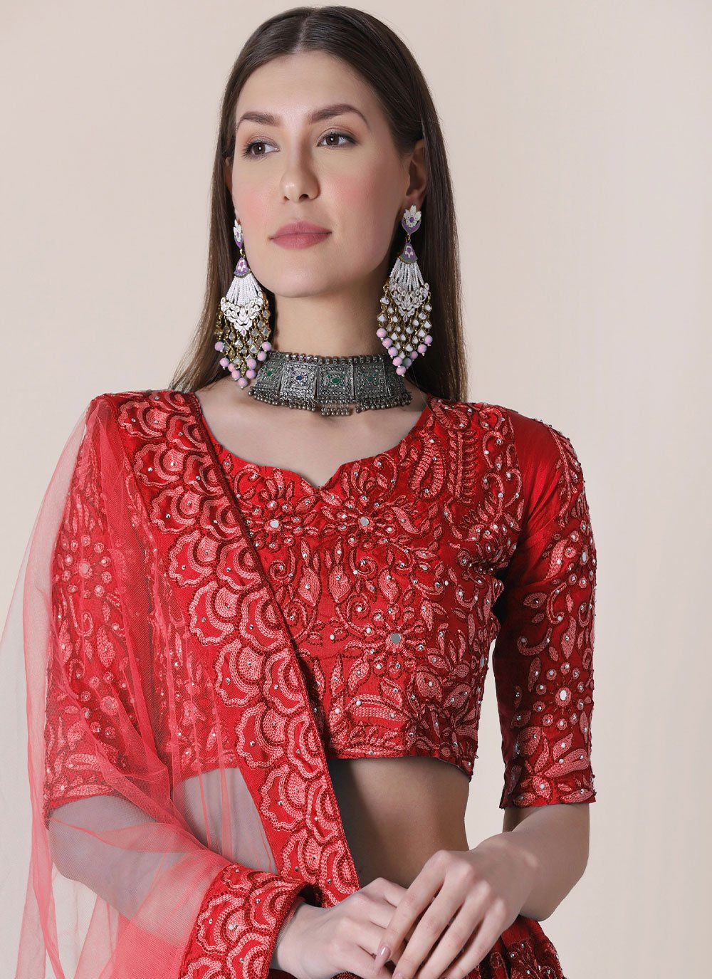 Lehenga Choli Tafeta Silk Red Embroidered Lehenga Choli