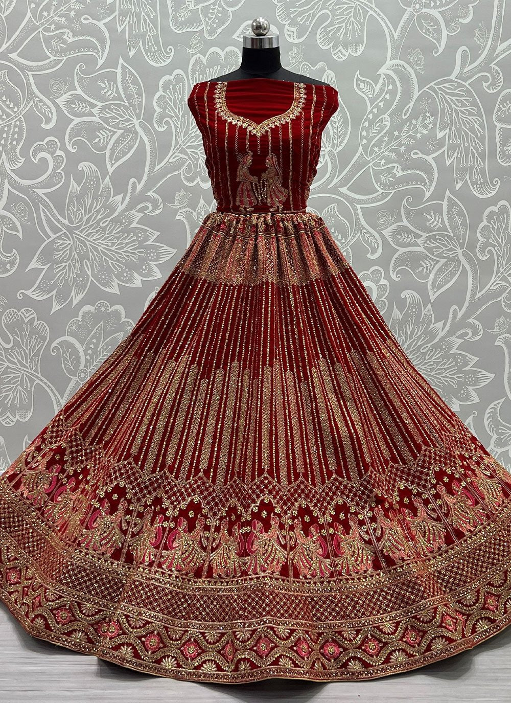 Lehenga Choli Velvet Red Dori Work Lehenga Choli